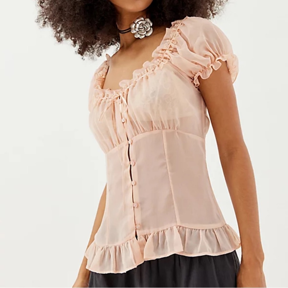 Urban Outfitters • Angie Semi-Sheer Puff Sleeve Blouse in Pink - Picture 2 of 8